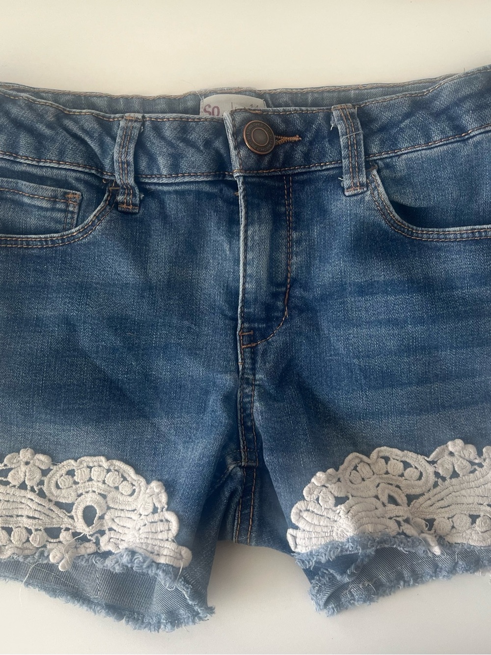 SO Denim Shorts White Crochet Lace Boho Frayed Hem